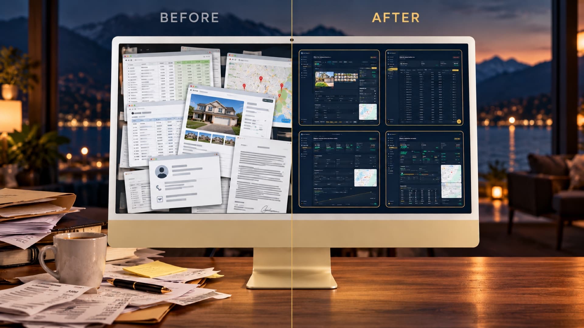 Before and after — a desktop buried in spreadsheets, bank statements, maps, property listings and lease documents on the left, replaced on the right by Pacific Rentals Pro showing listings, rent payments and the LTR and STR calculators in one place