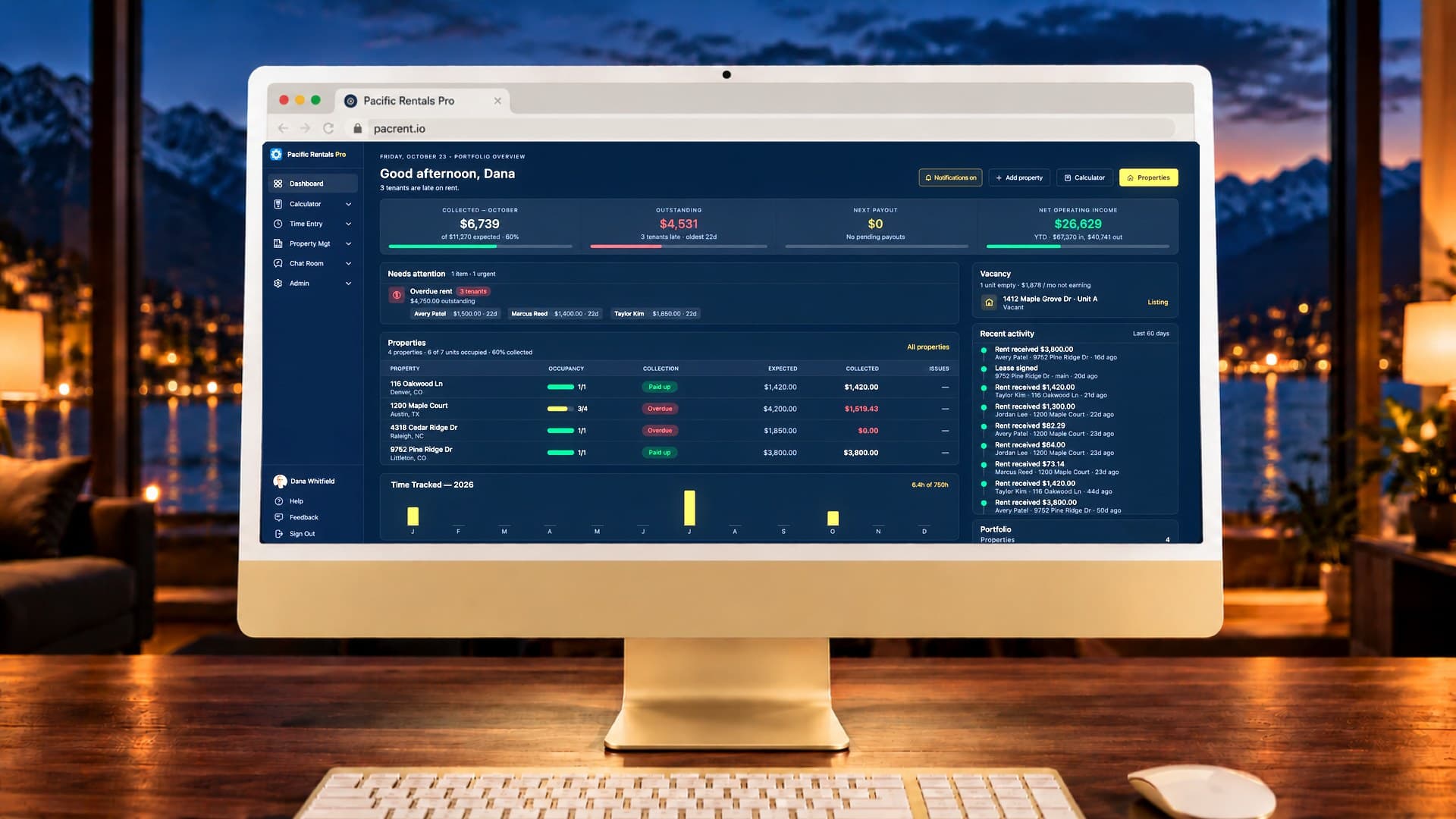 Pacific Rentals Pro Dashboard — portfolio overview with rent collection, payouts, and property performance