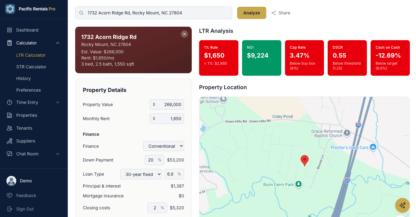 LTR Analysis — property calculator with cash flow metrics, financing details, and map location