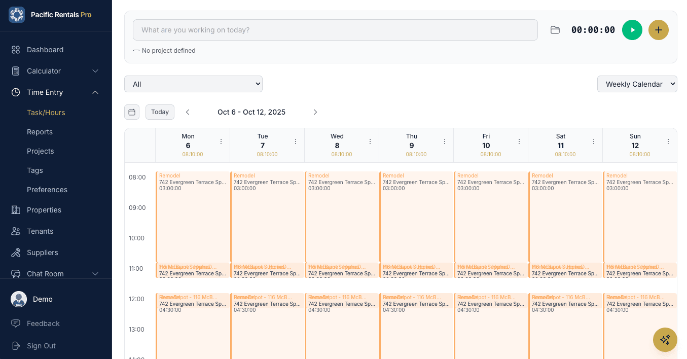 Time Entry — REP qualification tracking with weekly calendar, projects, and mileage logging