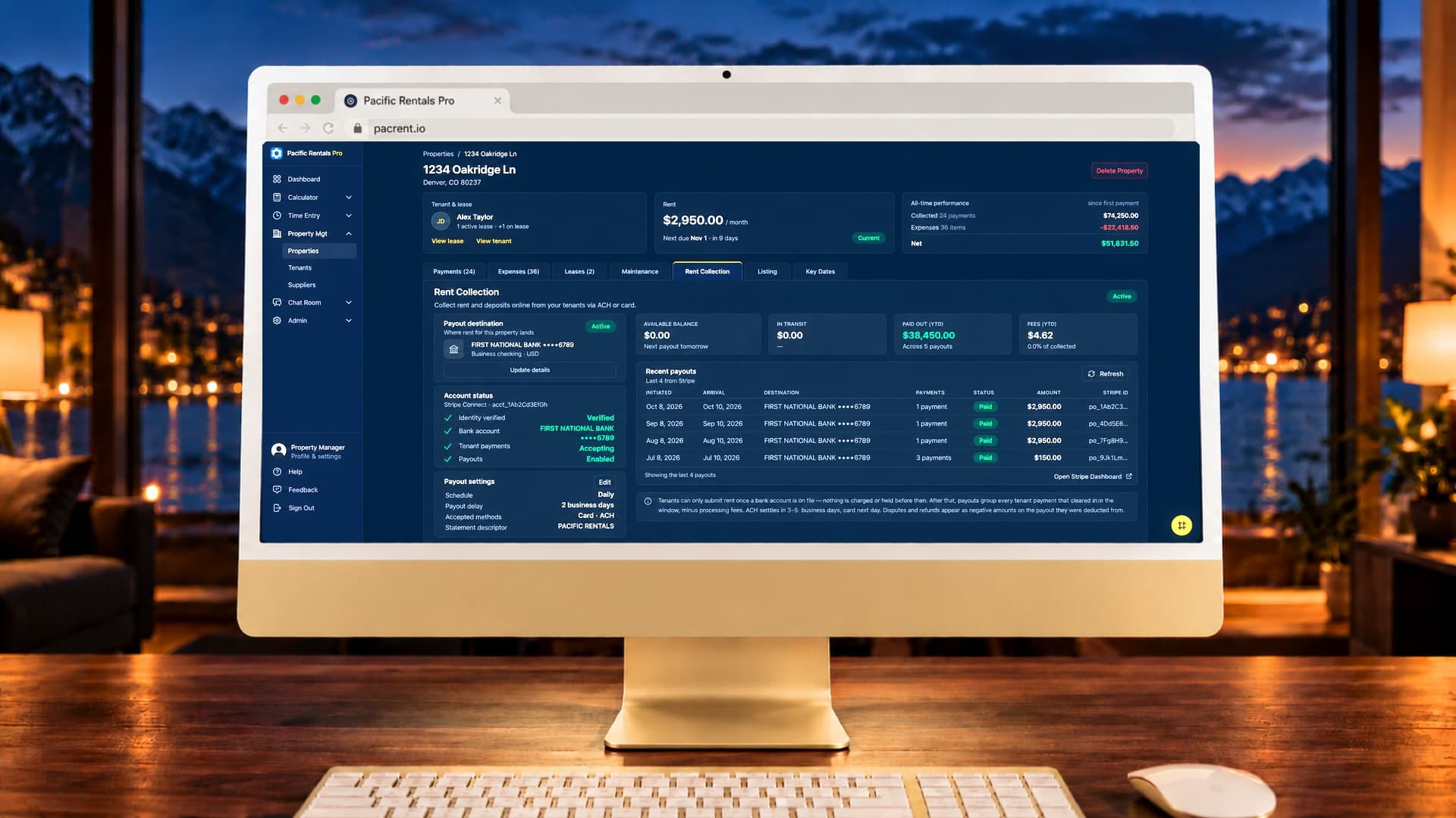 Payment tracking — rent collection history with tenant details and payment status