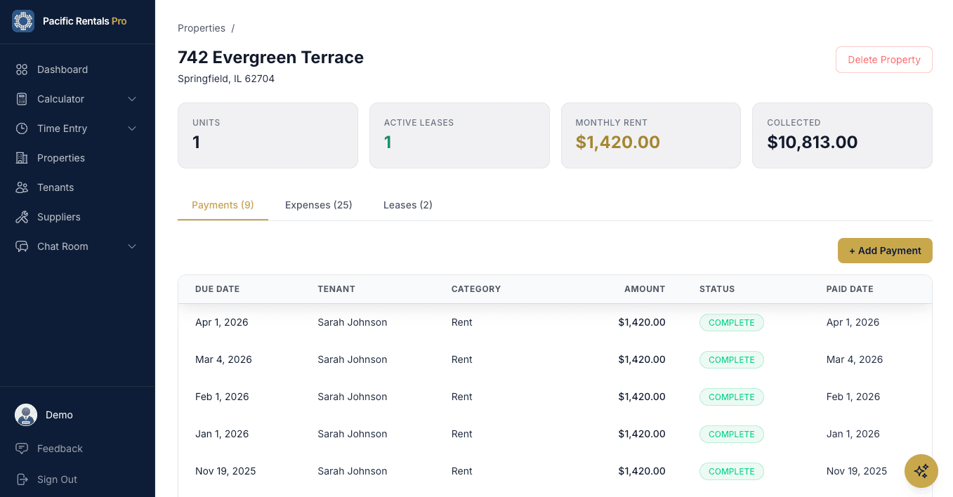 Payment tracking — rent collection history with tenant details and payment status