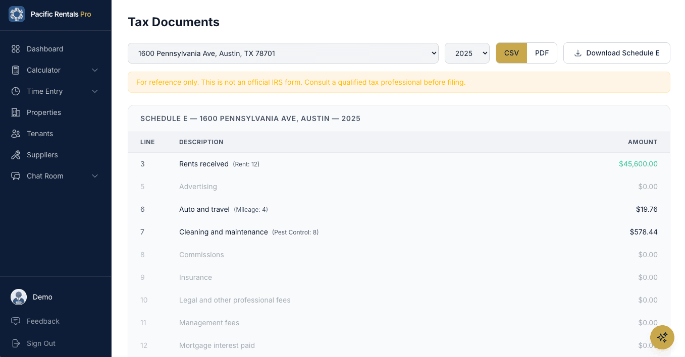 Schedule E — tax document generation with IRS line items for rental income and expenses