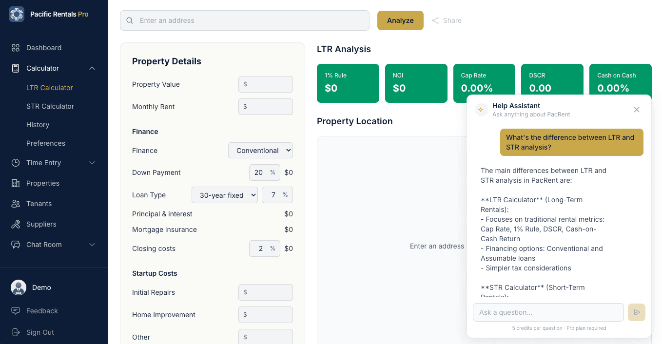 AI Help Assistant — intelligent guidance for navigating the platform and understanding real estate metrics